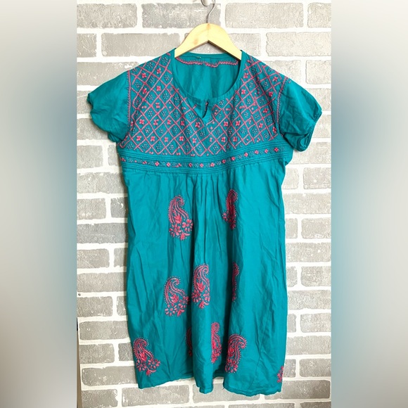 Teal & Pink vintage embroidered mini dress - Picture 1 of 2